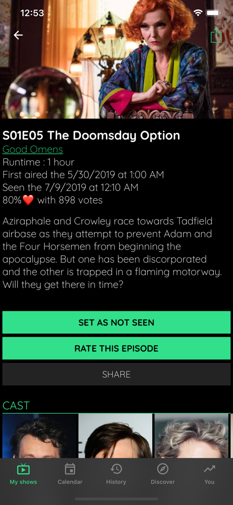 TV Show & Movie Tracker - Mobile app screen showing TV show episode details and cast