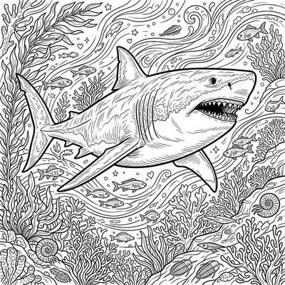 Unleash your artistic skills with this thrilling Megalodon coloring page, perfect for teens. Explore the mighty ancient shark amidst a bustling, detailed underwater world, ready for your creative touch.