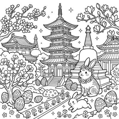 Step into a world where ancient tradition meets springtime joy with this unique coloring page. Delight in decorating a serene Buddhist temple adorned with playful Easter bunnies and beautifully patterned eggs.