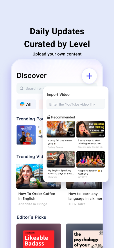 ListenLeap app interface showing the Discover page with options to import YouTube videos and view curated English learning content by level