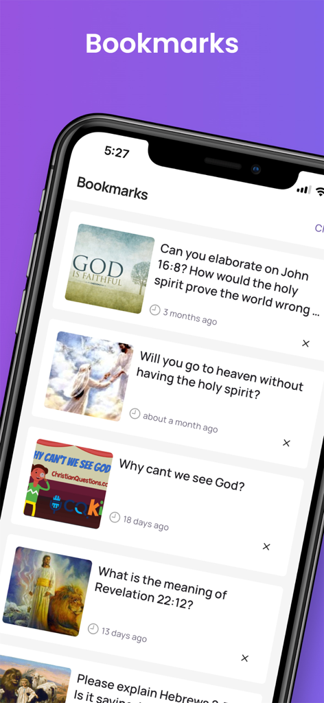 Ein Bildschirm einer mobilen Anwendung, der eine Liste von Lesezeichen für biblische Fragen mit beschreibenden Bildern und Zeitstempeln anzeigt.