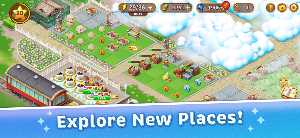 Travel Merge Family - Travel Merge Family game screen showing a garden area with items to merge and a train under the text Explore New Places.