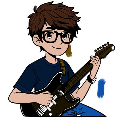 teen boy with brown hair glasses and playing electric guitar