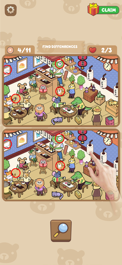 Screenshot of a find the differences puzzle in Sticker Bliss featuring cute cartoon animals in a Japanese sushi restaurant