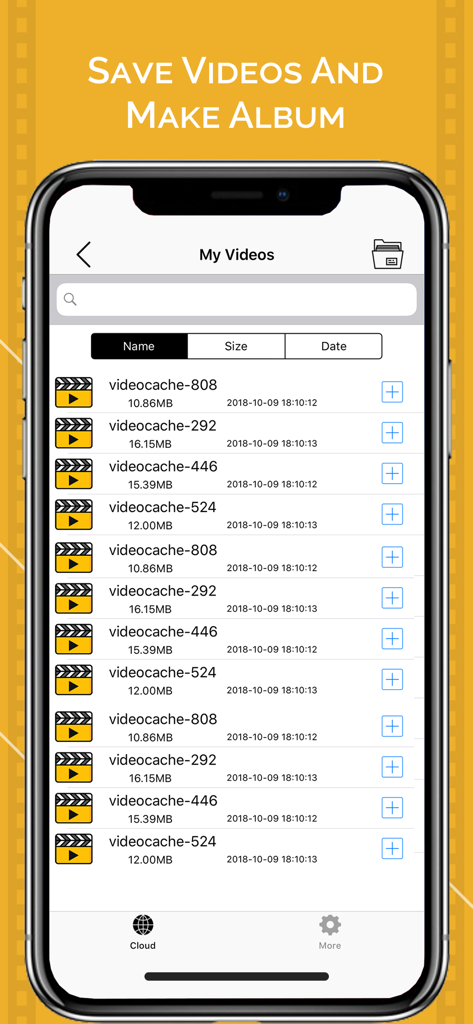 Smartphone screen showing the My Videos list in the Video Saver app with video file names, sizes, and dates.