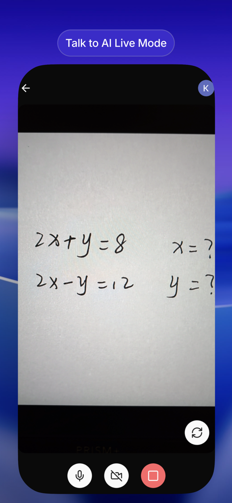 Zemith - SuperAI All in One AI - ZemithアプリがAIライブモードを使用して、手書きの数学の方程式をスキャンして解いています。
