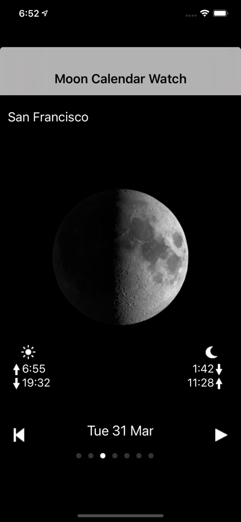 Interface of Moon Calendar Watch app showing the moon phase and sunrise and sunset times for San Francisco.