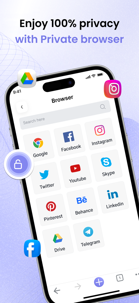 Interfaz de navegador web privado con accesos directos para redes sociales y búsqueda