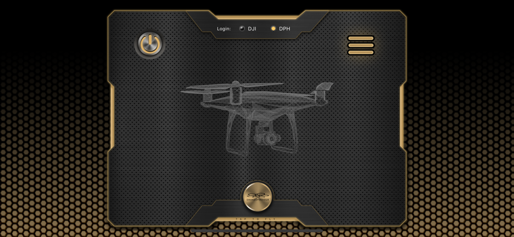 One Click Drone - The home screen of the One Click Drone app featuring a wireframe drone graphic and a tap to fly button.