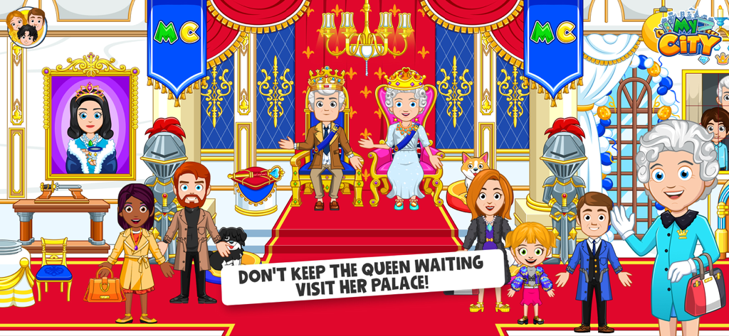 My City: London Trip Adventure - マイシティ・ロンドン・ゲームで、宮殿の玉座の間で女王と王を訪れるキャラクターたち