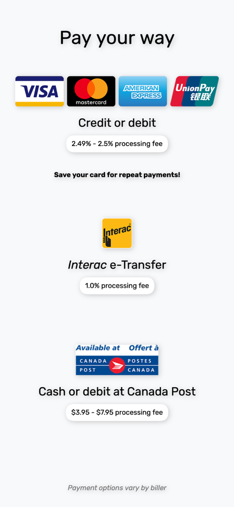 Interface of the PaySimply app showing various payment options including credit cards Interac eTransfer and Canada Post cash payments