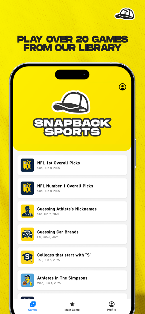 Capture d'écran de l'application Snapback Sports Trivia montrant une bibliothèque de divers jeux sur le thème du sport et des défis quotidiens