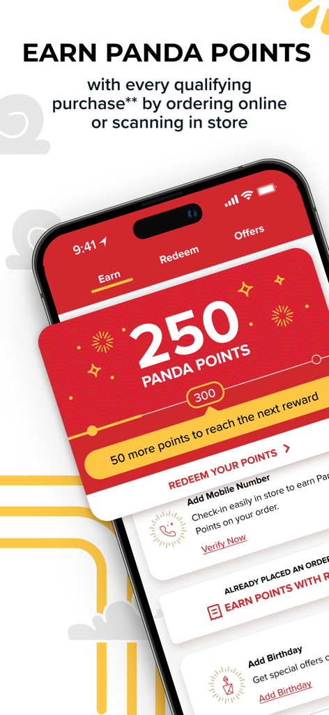 Tela do aplicativo Panda Express mostrando o saldo de Pontos Panda e o progresso das recompensas