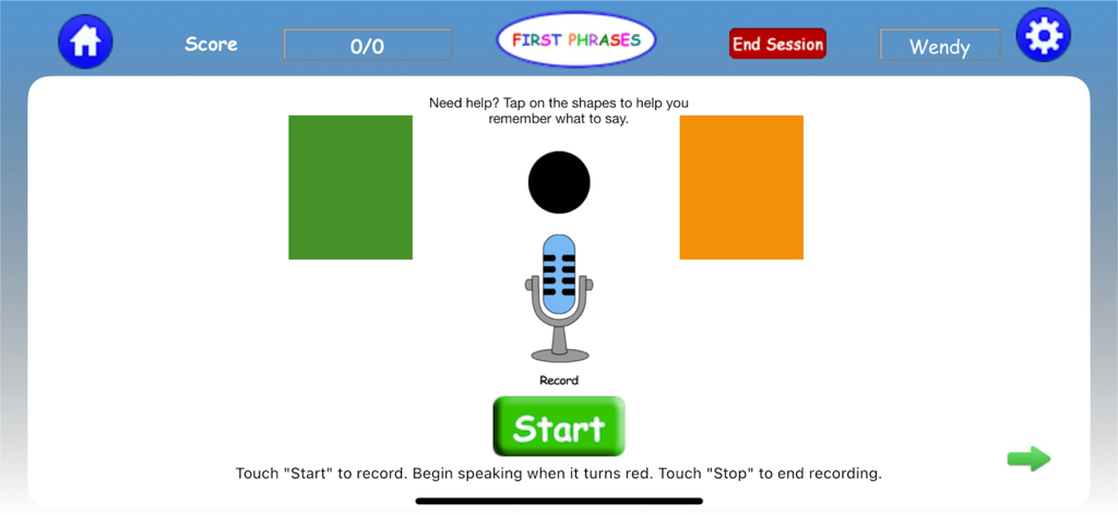 First Phrases HD - Speech recording screen in the First Phrases HD app featuring a microphone button and visual shape prompts to help children form sentences