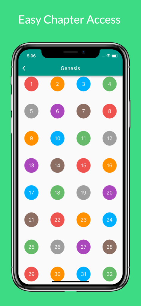 Interface of the Word of God Bible app showing a colorful grid of numbered circles for quick chapter selection in Genesis.