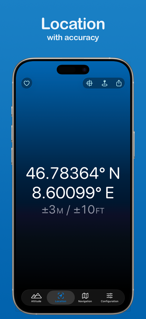 Altimeter - altitude and more - Altimeter app interface showing precise GPS latitude and longitude coordinates with location accuracy