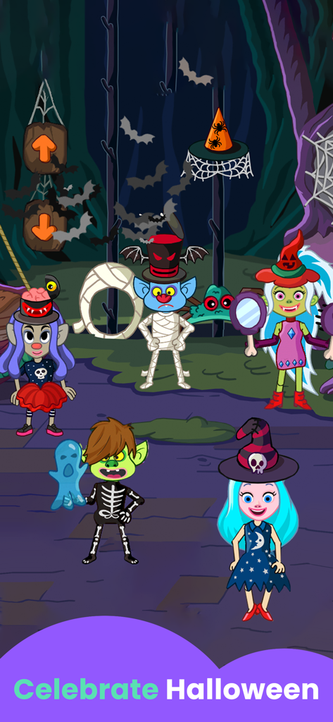 Fantasy World: Halloween Games - Cartoon characters in various Halloween costumes in a magical forest setting