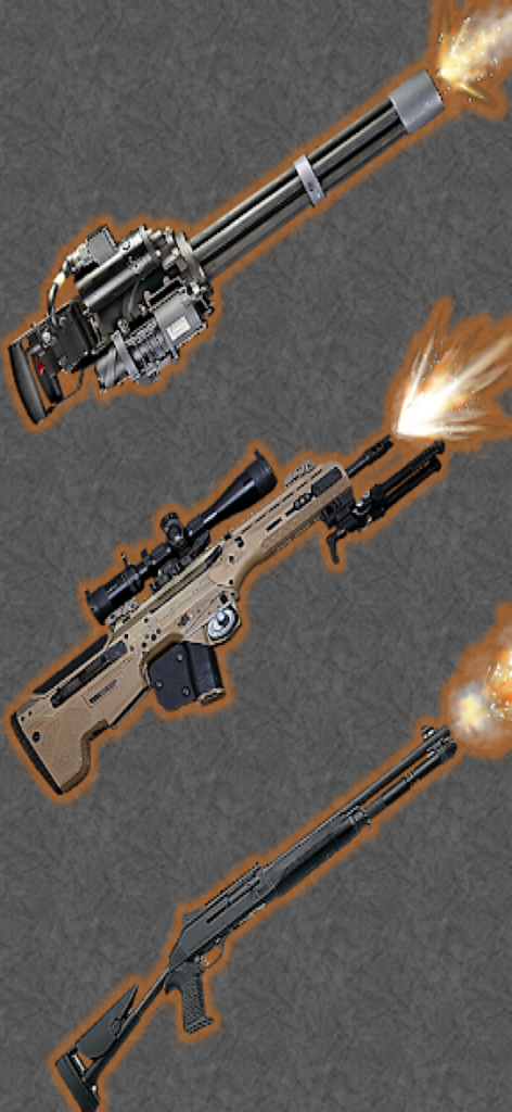 Gun Simulator: Gun Sound Shot - Three guns firing with muzzle flashes including a minigun and a sniper rifle