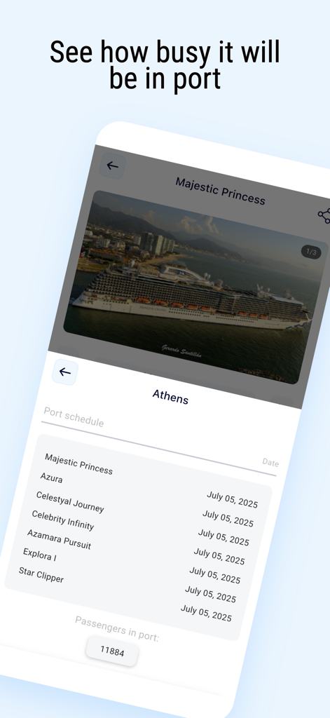 CruiseLegend - CruiseLegend app interface showing a list of ships scheduled for Athens port and total passenger count.