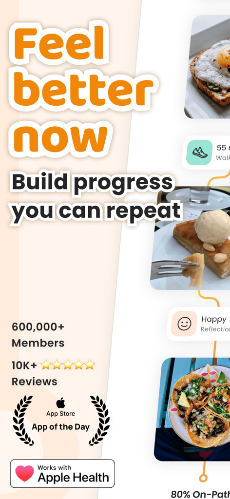 AteMate app promotional screen showing photo-based food journaling, activity tracking, and user stats.