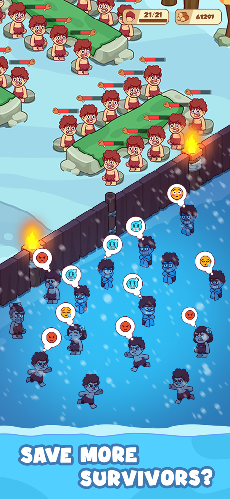 Icy Village: Survival Idle - Gameplay screenshot from Icy Village Survival Idle showing healthy villagers in a warm area and shivering survivors in the snow waiting to be rescued