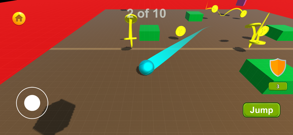 A cyan ball navigating a 3D obstacle course to collect yellow coins in Mass Bounce Dollen