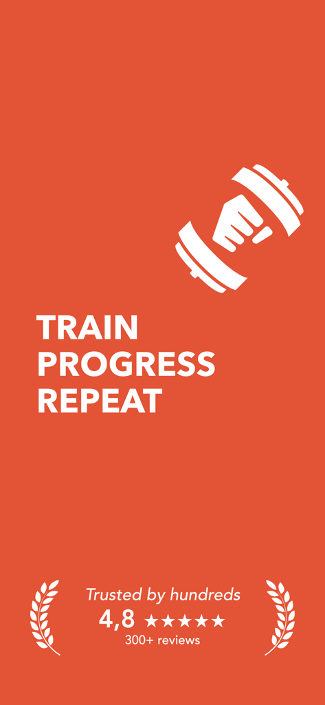 Splash screen for the Blast gym workout tracker app with the motto Train Progress Repeat and a 4.8 star rating