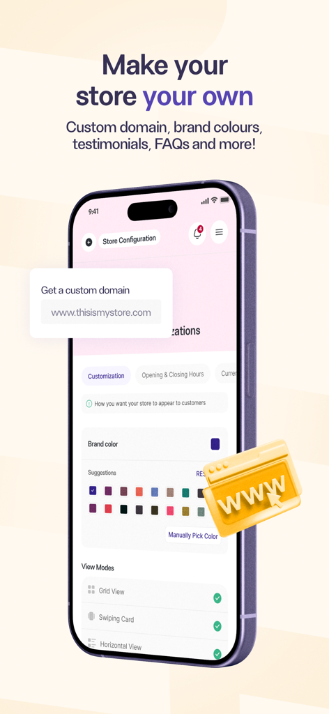 Catlog: Create Online Store - Smartphone screen showing Catlog app store configuration options including brand colors and custom domain setup.