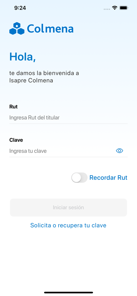 Login screen for the Colmena health insurance mobile app featuring RUT and password input fields