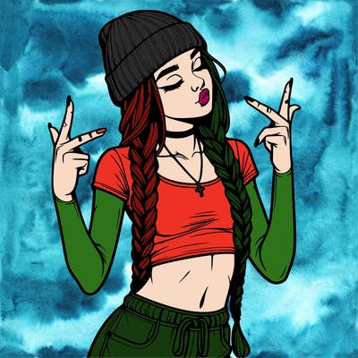 realistic teenage girl with braids and a beanie and crop top doing 🫶🏼