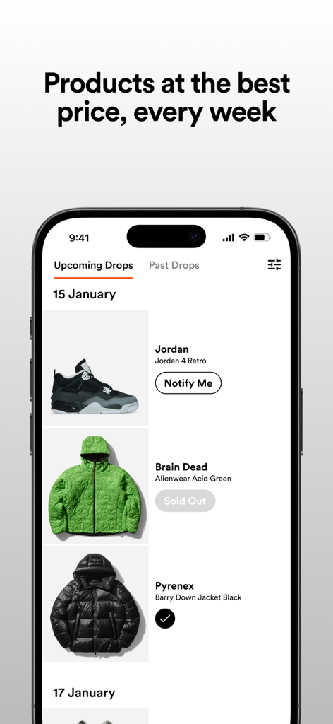 Sneakmart - Sneakers & Fashion - Sneakmart mobile app screen showing a calendar of upcoming sneaker and streetwear drops including Jordan and Brain Dead brands.
