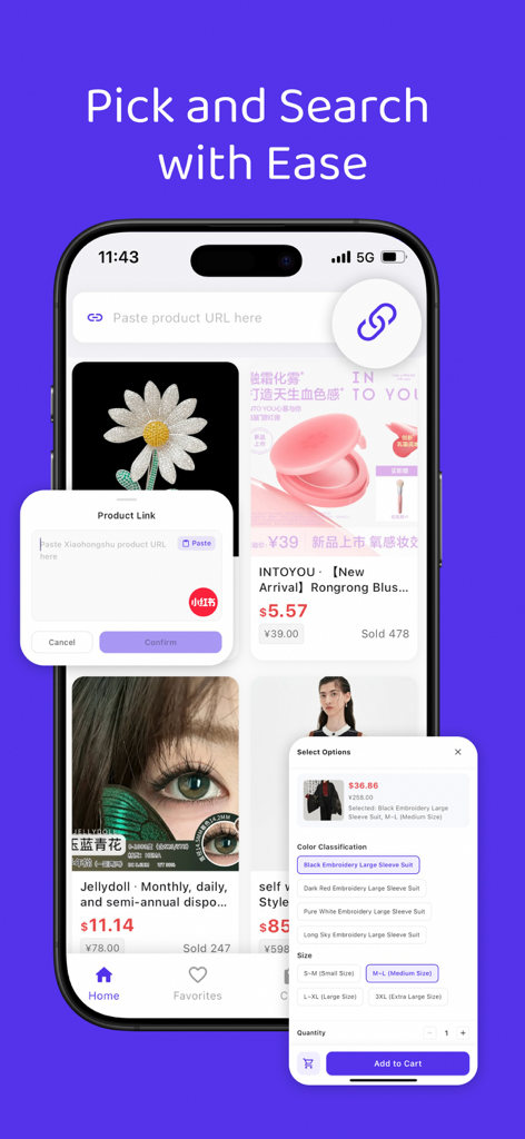 Shopme Agent app screenshot showing the product link paste feature and item selection menu for international shopping