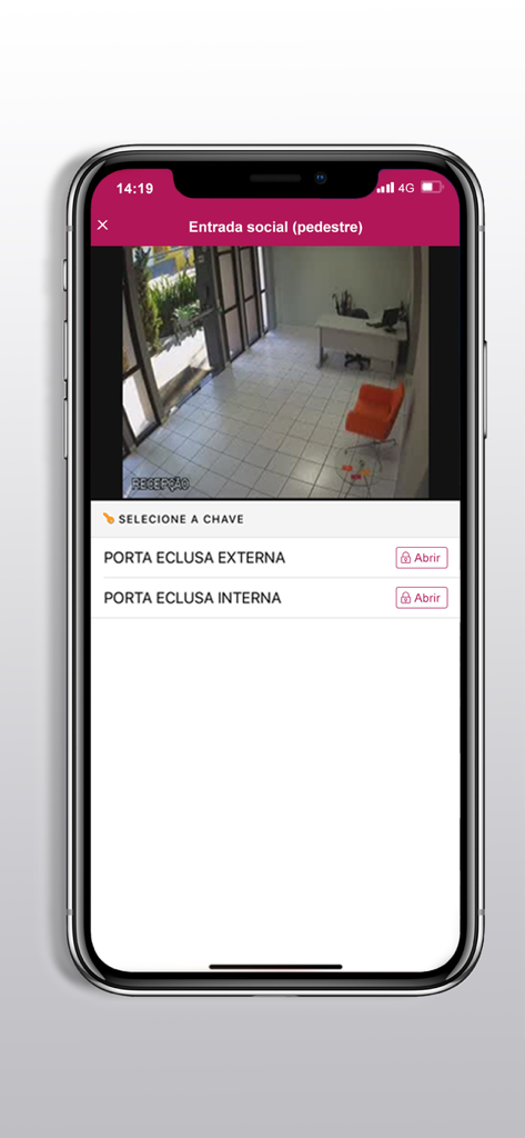 Smartphone displaying the Winker app security screen with a live entrance camera feed and buttons to open doors remotely