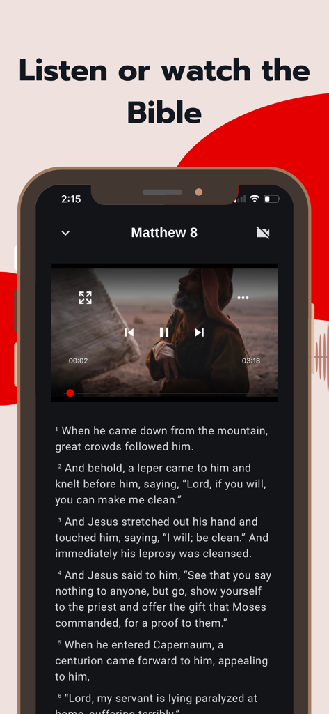 Bible - Audio & Video Bibles - Un écran de téléphone portable affichant l'application Bible.is avec une vidéo dramatisée et le texte du chapitre 8 de Matthieu.