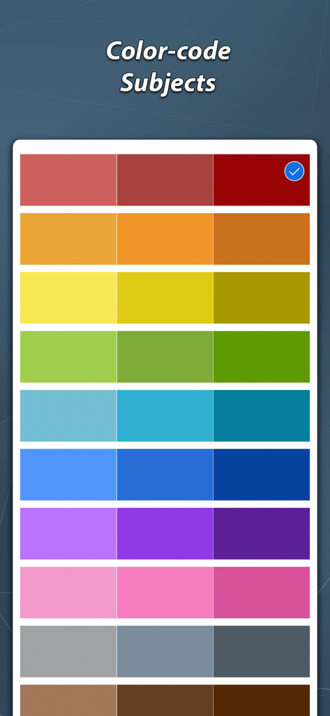 Timetable & Homework Planner - Interface mostrando uma grelha de múltiplas opções de cores para codificar por cores disciplinas escolares numa aplicação de agenda