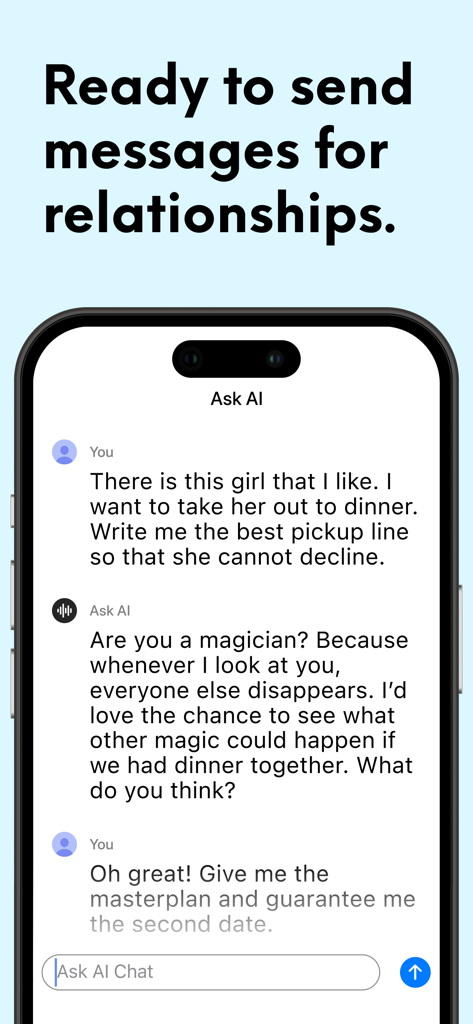 Interface do aplicativo Ask AI mostrando uma conversa de chat sobre conselhos de relacionamento e cantadas.
