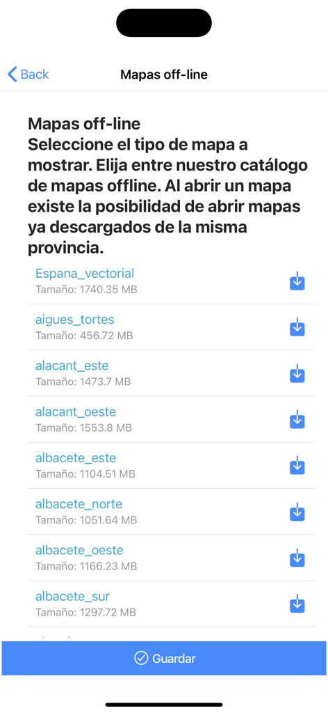 スペインの様々な地域のダウンロード可能なオフライン地図のリスト