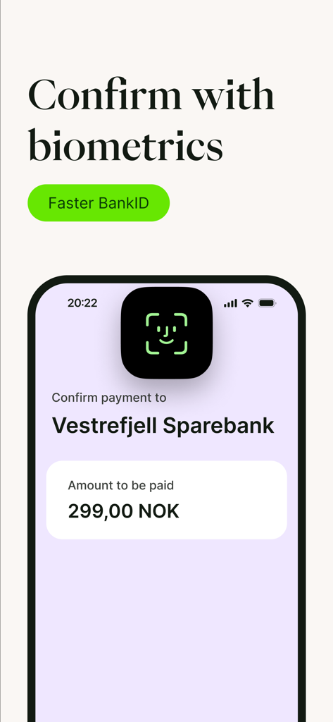 BankID app screen showing a payment confirmation of 299 NOK using biometric facial recognition
