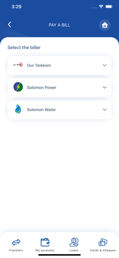 BRED Solomon Connect Pay a Bill screen showing selection for Our Telekom, Solomon Power and Solomon Water