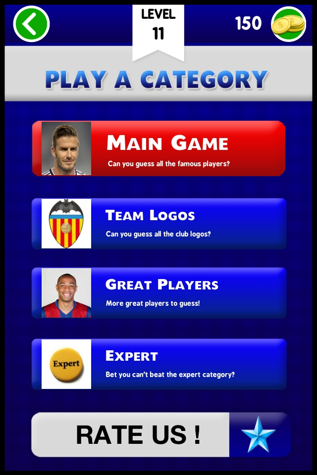 Football player logo team quiz game: guess who's the top new real fame soccer star face pic - Main menu screen of a football quiz app showing game categories like team logos and famous players