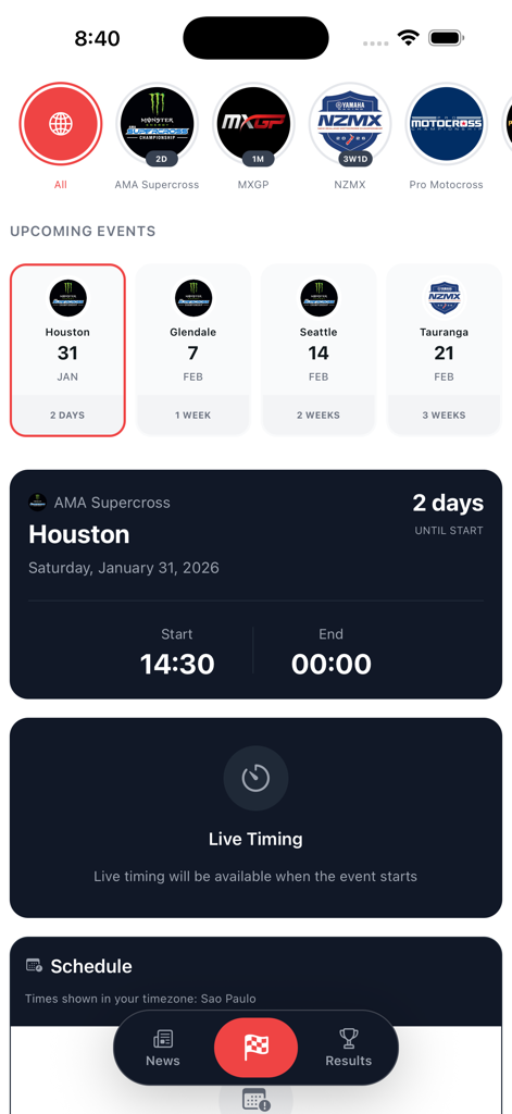 MX Passion - Pantalla del Centro de Carrera de MX Passion que muestra próximos eventos de AMA Supercross y cuenta regresiva de la carrera