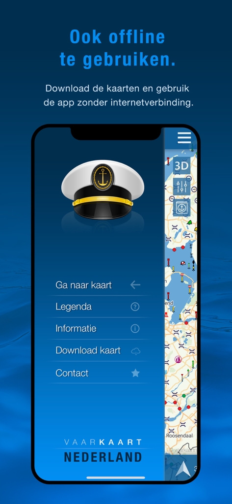 Vaarkaart Nederland - Vaarkaart Nederland App zeigt das Navigationsmenü und die Offline-Kartenfunktion für niederländische Wasserstraßen.