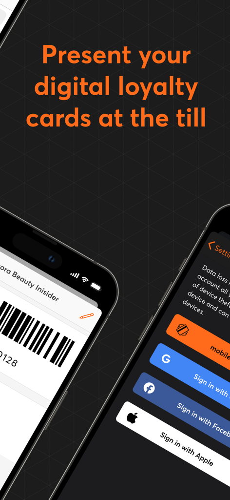 mobile-pocket loyalty cards - Sephoraのデジタル会員カードバーコードとソーシャルログインオプション