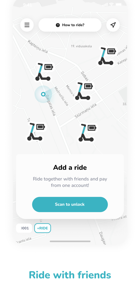 ISLA RIDE - ISLA RIDE app map showing available e-scooters and the option to unlock multiple rides for friends