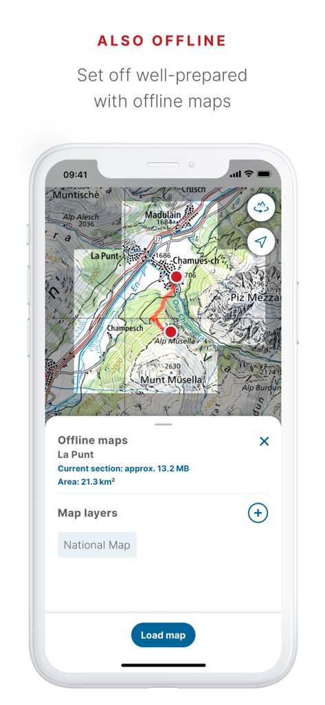 Schermata di un iPhone che mostra l'interfaccia dell'app swisstopo per il download di mappe topografiche offline delle Alpi Svizzere