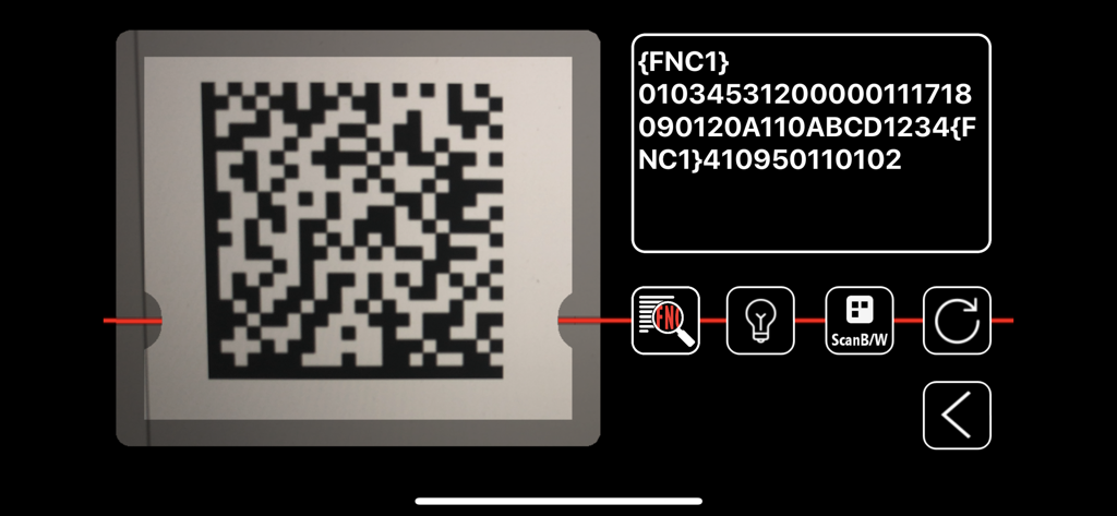 Interfaccia dell'app Controllo Codici a Barre che scansiona un codice GS1 DataMatrix mostrando dati decodificati e opzioni di validazione
