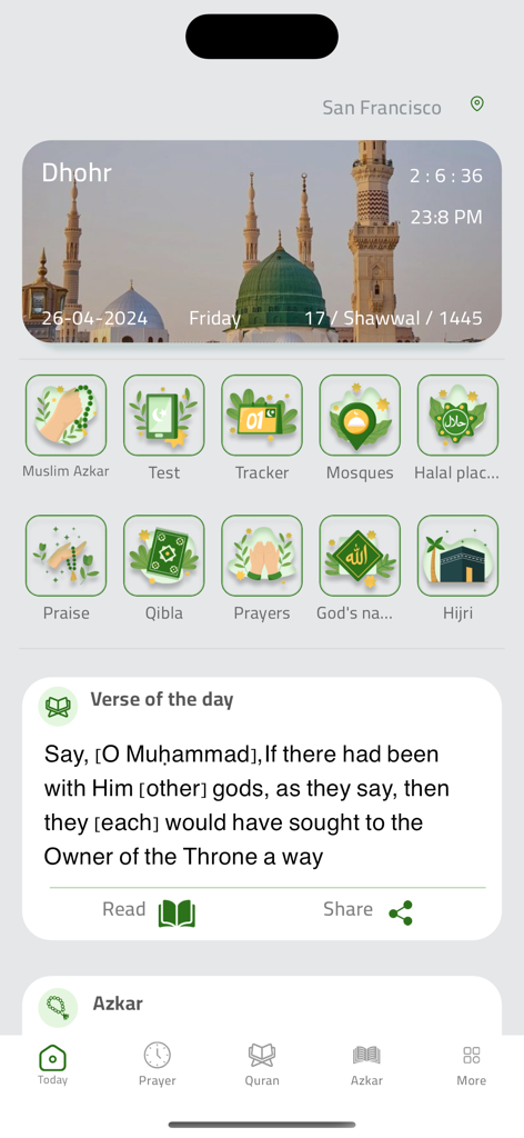 Muslim: Adhan Azkar Quran - Home screen of the Muslim app featuring prayer times, a daily Quran verse, and religious navigation icons