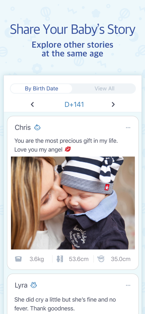 BabyTime (Record & Analysis) - コミュニティフィードに、母子の写真と成長指標を添えて共有されたベビーストーリーを表示したBabyTimeアプリの画面