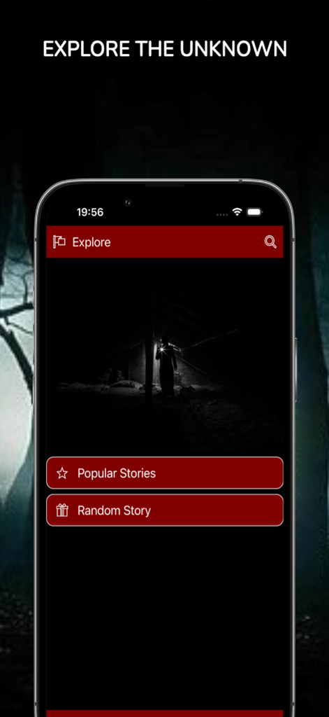 Nocturnal: Horror Stories - Nocturnalホラーストーリーアプリのエクスプローラー画面。検索ボタンとストーリーカテゴリボタンが表示されている。