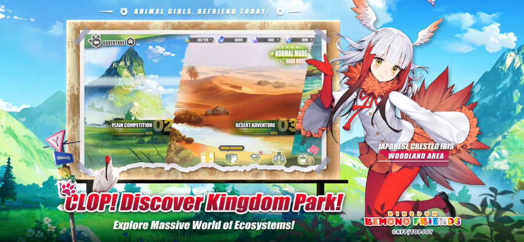 Map selection screen in Kemono Friends Kingdom showing different ecosystems like plains and deserts and featuring the Japanese Crested Ibis character.